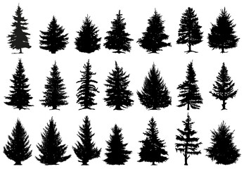 Christmas pine trees silhouettes. Coniferous forest monochrome woods, vintage fir trees silhouettes vector isolated icons set. Spruce forest trees silhouettes - obrazy, fototapety, plakaty