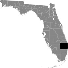 Black highlighted location map of the US Palm Beach county inside gray map of the Federal State of Florida, USA
