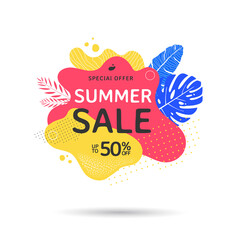 Summer sale banner design with abstract geometric shapes and palm leaves. Tropical Discount Poster with liquid form and texture. Vector illustration