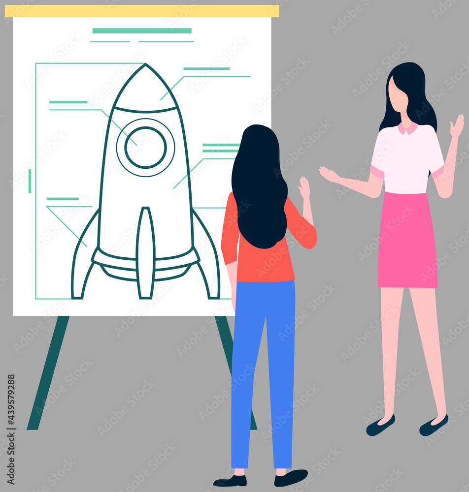 Poster team is working with startup. people planning business project, successful strategy. eemale characte