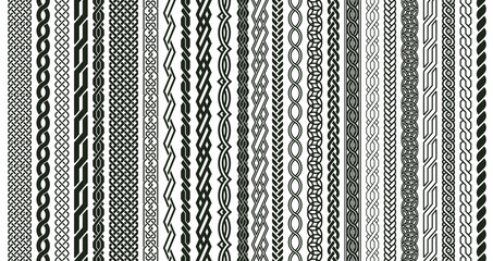 Celtic braids patterns. Braided Irish pattern seamless borders, knotted braid ornaments isolated vector illustration set. Woven celtic braids elements