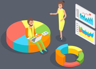 Visualize with business analytics. People work with statistical data analysis, changing indicators. Employees analyze statistical indicators, business data. Characters work with marketing research