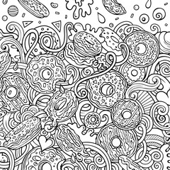 Donuts hand drawn vector doodles illustration. Sweets frame card design.