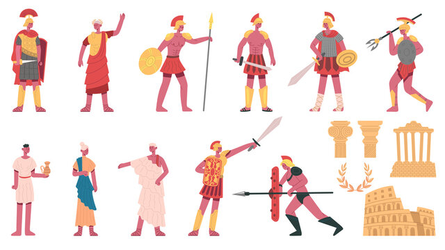 Ancient roman empire. Ancient roman characters, emperor, centurions, soldiers and plebs cartoon vector illustration set. Rome empire symbols