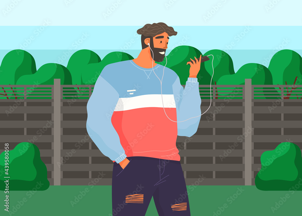 Poster man in headphones with smartphone is listening to voice message. male character using mobile device 