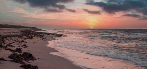 Fototapeta na wymiar sunrise sunset Denmark coast waves sand seaweed