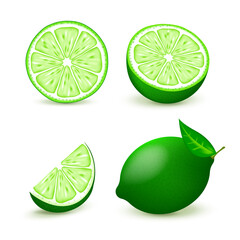 Set slices of lime isolated on white background. Realistic vector illustration.