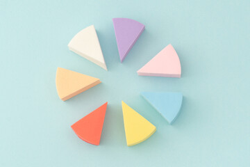 Colourful makeup sponges triangular  shape on a gentle blue background