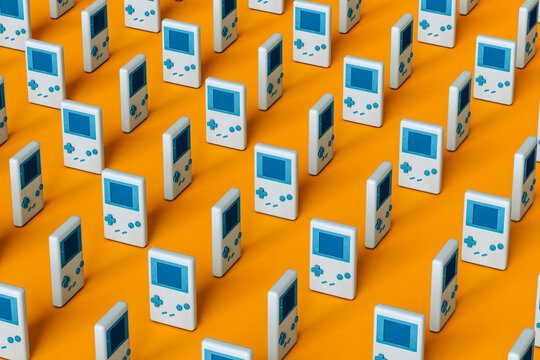 8-bit handheld game console in different positions