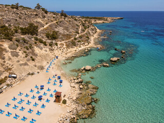 Drone view at the coast of Konnos beach on Cyprus