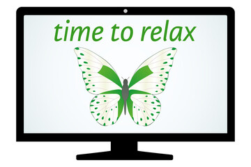 Abstract time to relax vector illustration in flat cartoon style. Butterfly and text in a computer monitor. Relaxation, comfort, happiness concept.