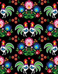 Seamless Polish folk art pattern with roosters and flowers - Wzory Lowickie, wycinanka, traditional ethnic textile or fabric print on black background
