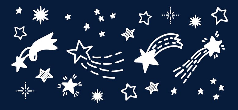 Doodle comets and stars hand drawn sketch. Starry doodles vector illustration backdrop, banner