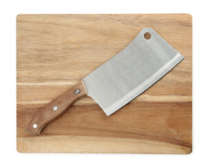 Large sharp cleaver knife with wooden board isolated on white, top view