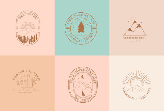 Collection of Modern, Outdoorsy, Earthy linear logos, symbols, icons design template with nature, tree, plant, animals, archetecture elements. Editable vector logotype.