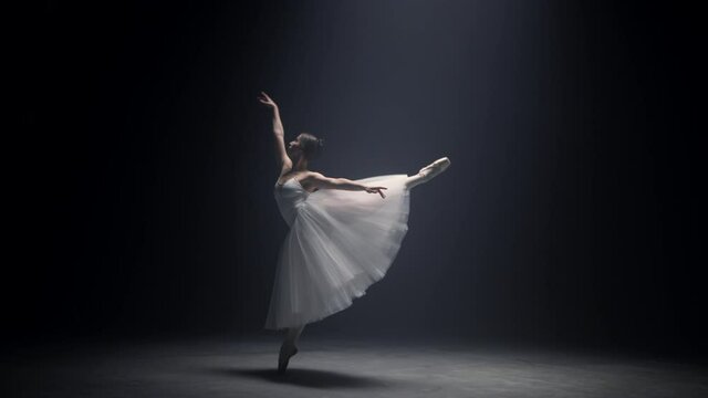 Sensual ballerina dancing on stage. Graceful ballet dancer performing indoors.