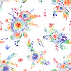 Watercolor raonbow floral pattern. Boho seamless pattern with rainbows and flowers. Bright multicolor repeat background for fabric, textile, wrapping paper, scrapbooking