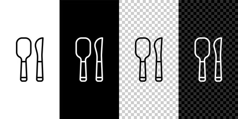Set line Knife and spoon icon isolated on black and white, transparent background. Cooking utensil. Cutlery sign. Vector