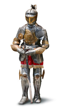 Medieval knight with sword in heavy armor harness