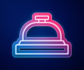 Glowing neon line Hotel service bell icon isolated on blue background. Reception bell. Vector