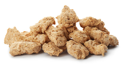 Dehydrated soy meat chunks on white background