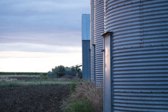 Grain storage silos on a farm