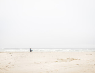 Tiny figures stand in distance on vast beach