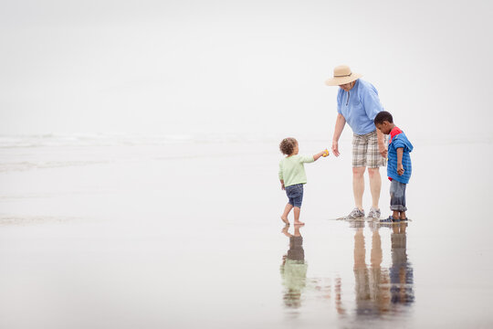Grandmother on sandy beach with grandchildren