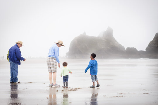 Grandparents Play With Grandkids On Foggy Beach
