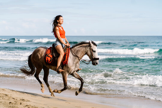 Woman Riding Horse in the Beach