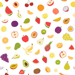 Fresh summer and exotic fruits seamless pattern. Vitamin juicy sweet food. Bright colorful flat vector illustrations for textiles, clothing, packaging and wallpaper isolated on white background.
