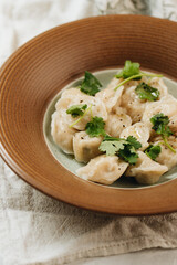 Boiled dumplings with meat filling on the plate.