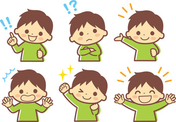 いろいろな表情の男の子の上半身イラスト＿ライン有ブラウン
