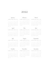 2022 Yearly Calendar template, weeks start on Sunday