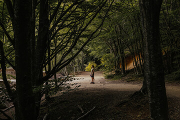 Man in the middle of a lush forest
