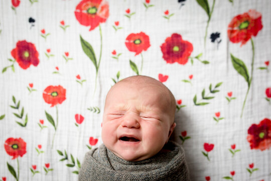 Face of upset baby girl on floral blanket