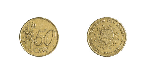 50 cents coin of Euro from Netherland. Year 1999, obverse and reverse.