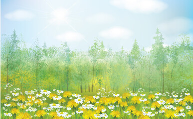 Obraz premium Vector yellow dandelions and daisies blossoming field. Spring nature background.
