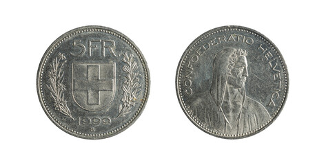 5 Francs coin from Switzerland, year 1999. Obverse and reverse.
