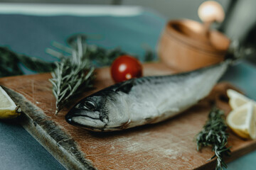 Mackerel, fish. Fresh. On a wooden board.