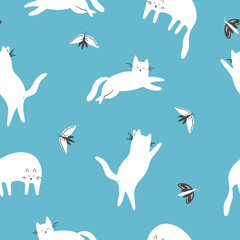 Seamless patterns. Cats with butterflies on a blue background for design. Vector illustration