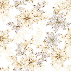 Vintage floral seamless pattern, contour gentle flowers on a white background, print for fabric, dress, bedding and tiles. Vector illustration.