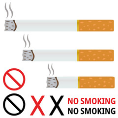 Burning cigarettes vector illustration. Big,small,medium sized burning smokes with prohibit sign. Tobacco day,stop smoking concept design for banner.