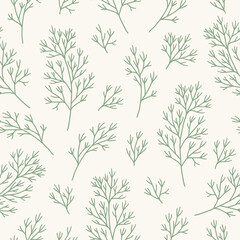 Seamless pattern with dill on beige background. Contour vector illustration