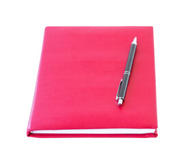 A red notebook and black pen above it isolated on a white background. Education concept, back to school and business concept.	
