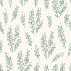 Seamless pattern with rosemary on beige background. Contour vector illustration