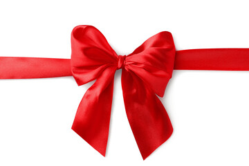 Red bow and ribbon on white background, top view