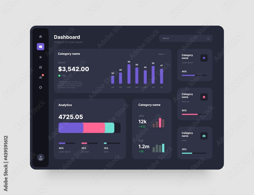 Fototapete Dashboard Design. App interface with UI and UX elements. Use design for web application, desktop app or website. Dark mode.