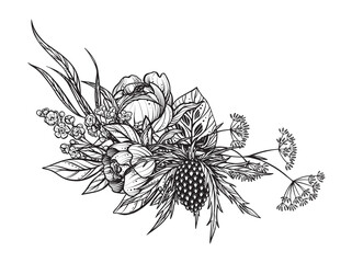 Beautiful vector composition of black and white feverweed, peony flowers, isolated on white background.