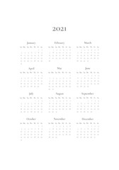 2021 Yearly Calendar template, weeks start on Sunday